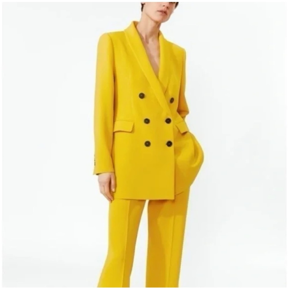 Zara Mustard Yellow Double Breasted Button Blazer Jacket Blogger Fave Sz Medium